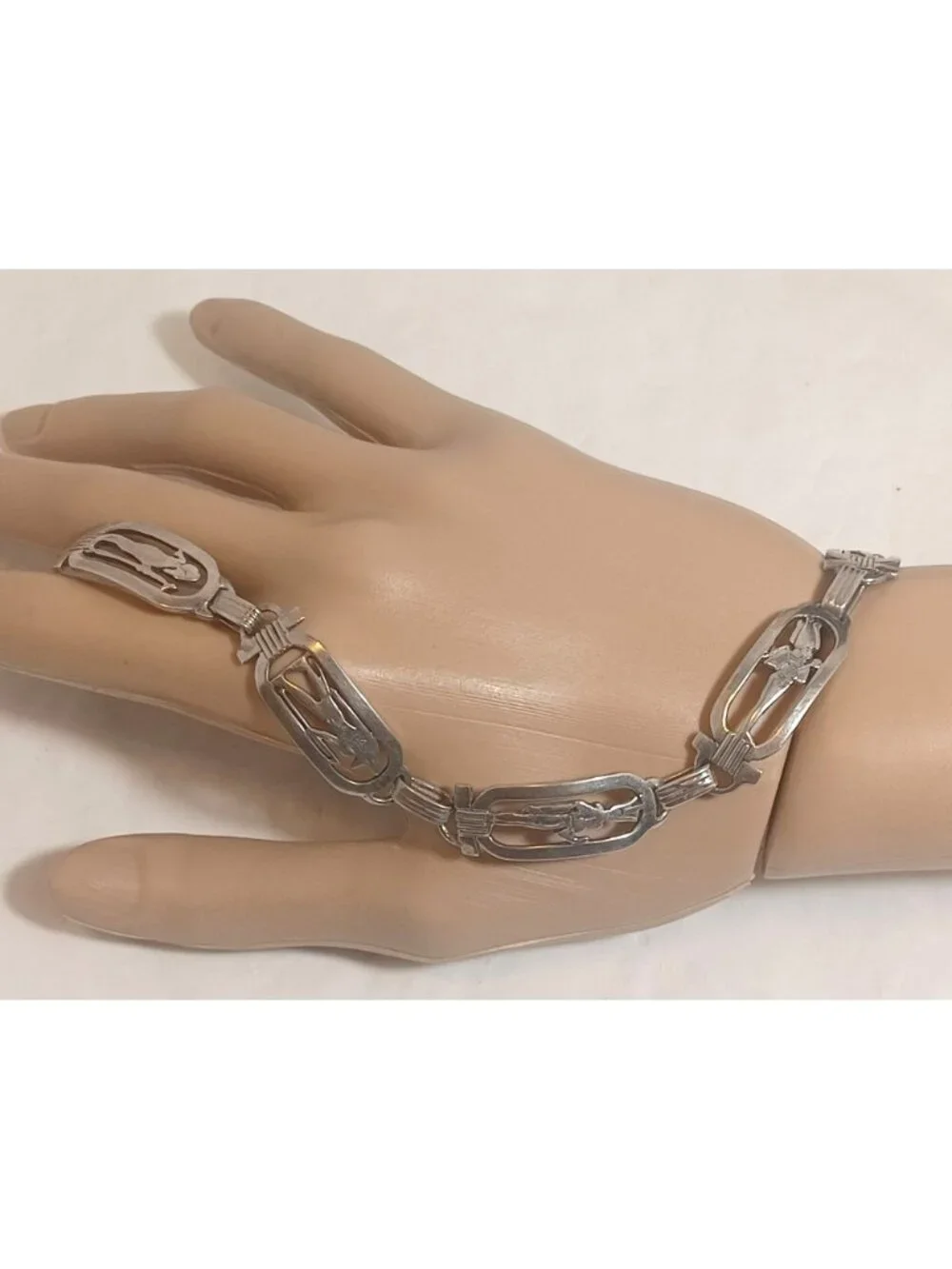 925 Sterling Silver Vtg Egyptian Hieroglyphic Storyteller Panel Link Bracelet